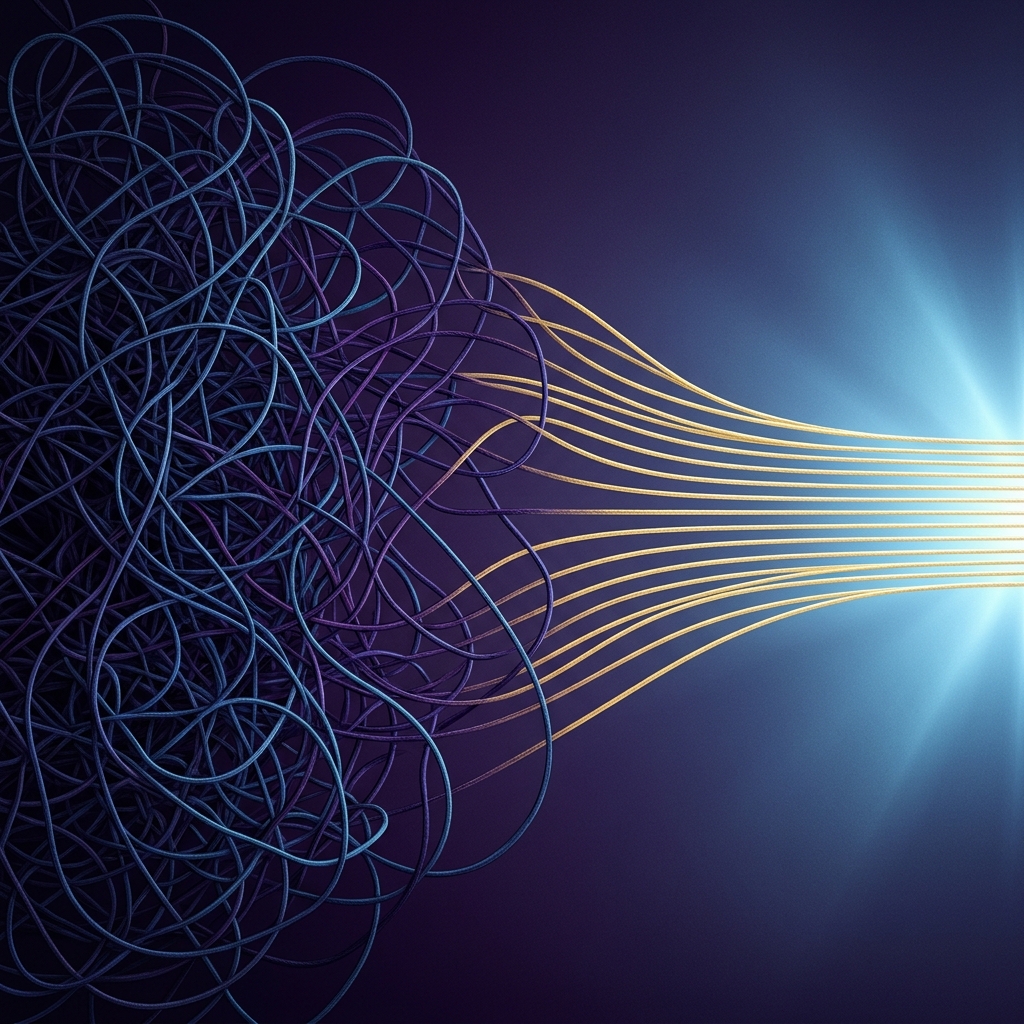 Visual metaphor of chaos transforming into organized clarity
