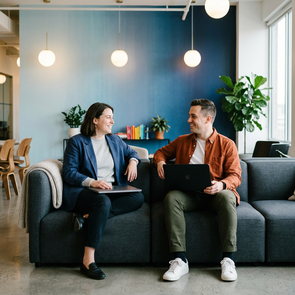 Founder and ops lead having casual collaborative conversation