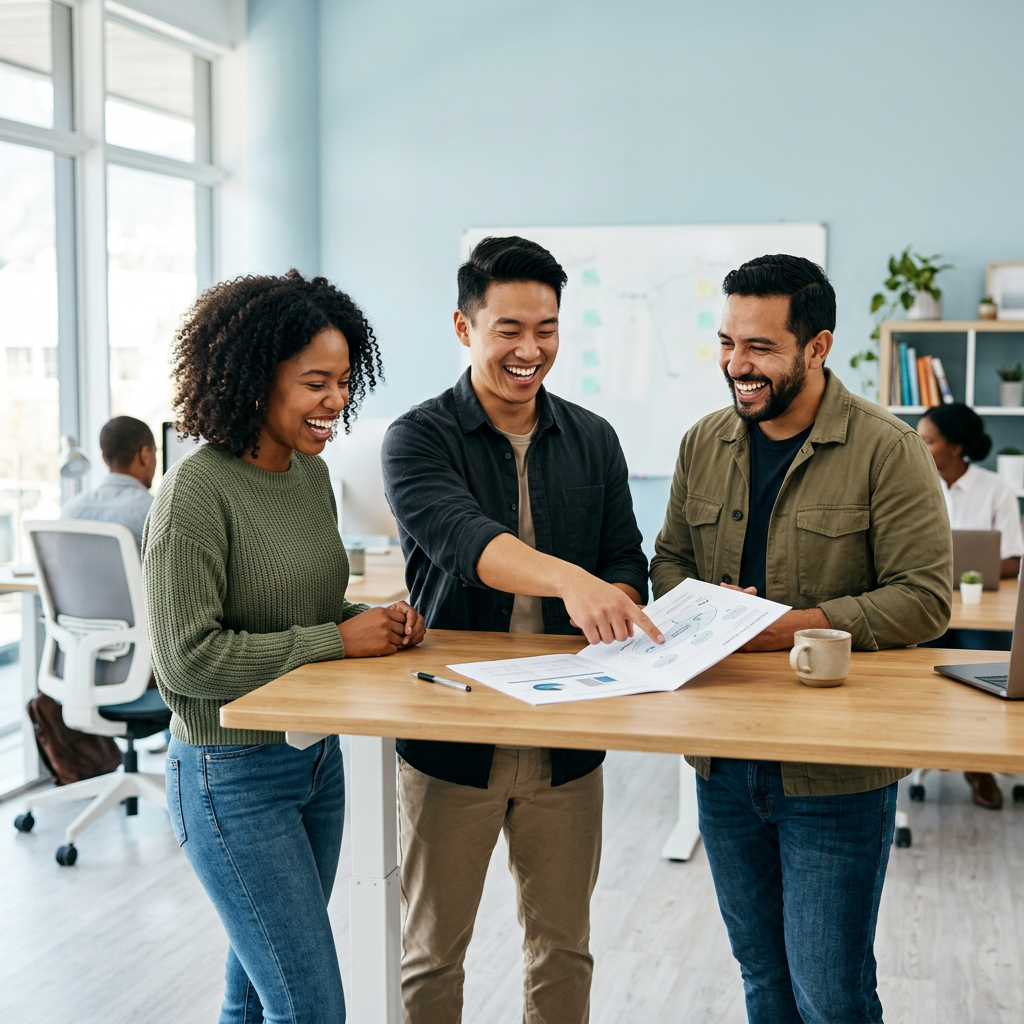 Diverse team collaborating and smiling together at work