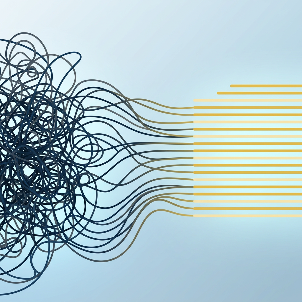 Chaos transforming into organized clarity with threads