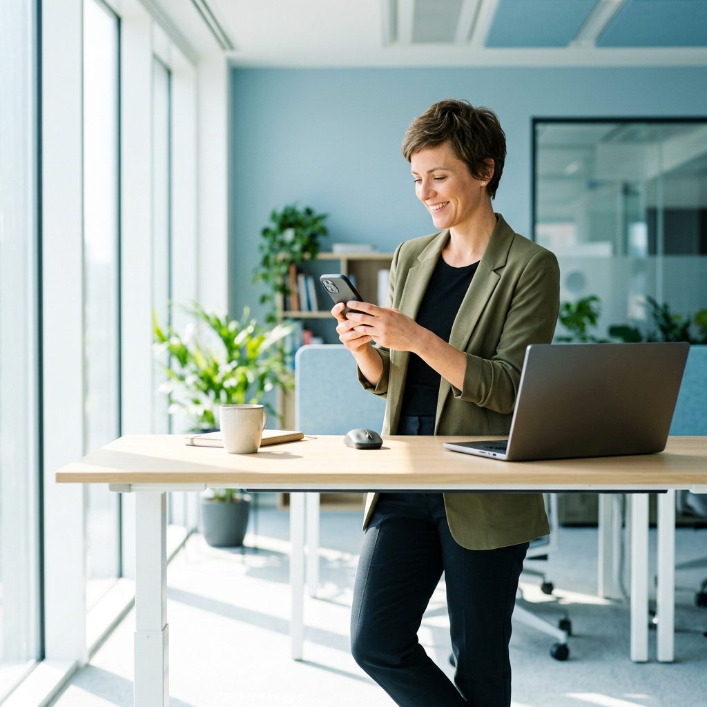Ops lead checking phone at clean standing desk