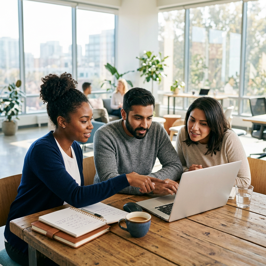 Team collaborating around table in bright office