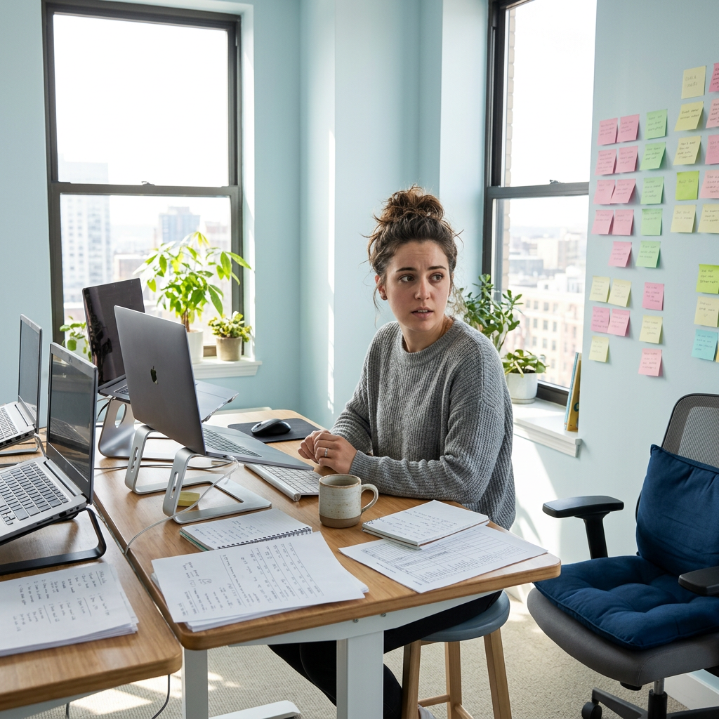 Founder managing multiple HR tasks at standing desk