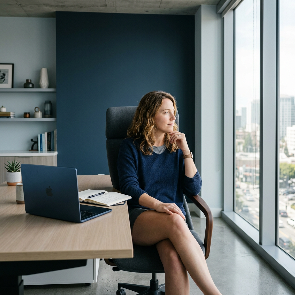 Operations lead reflecting at desk with clear workspace