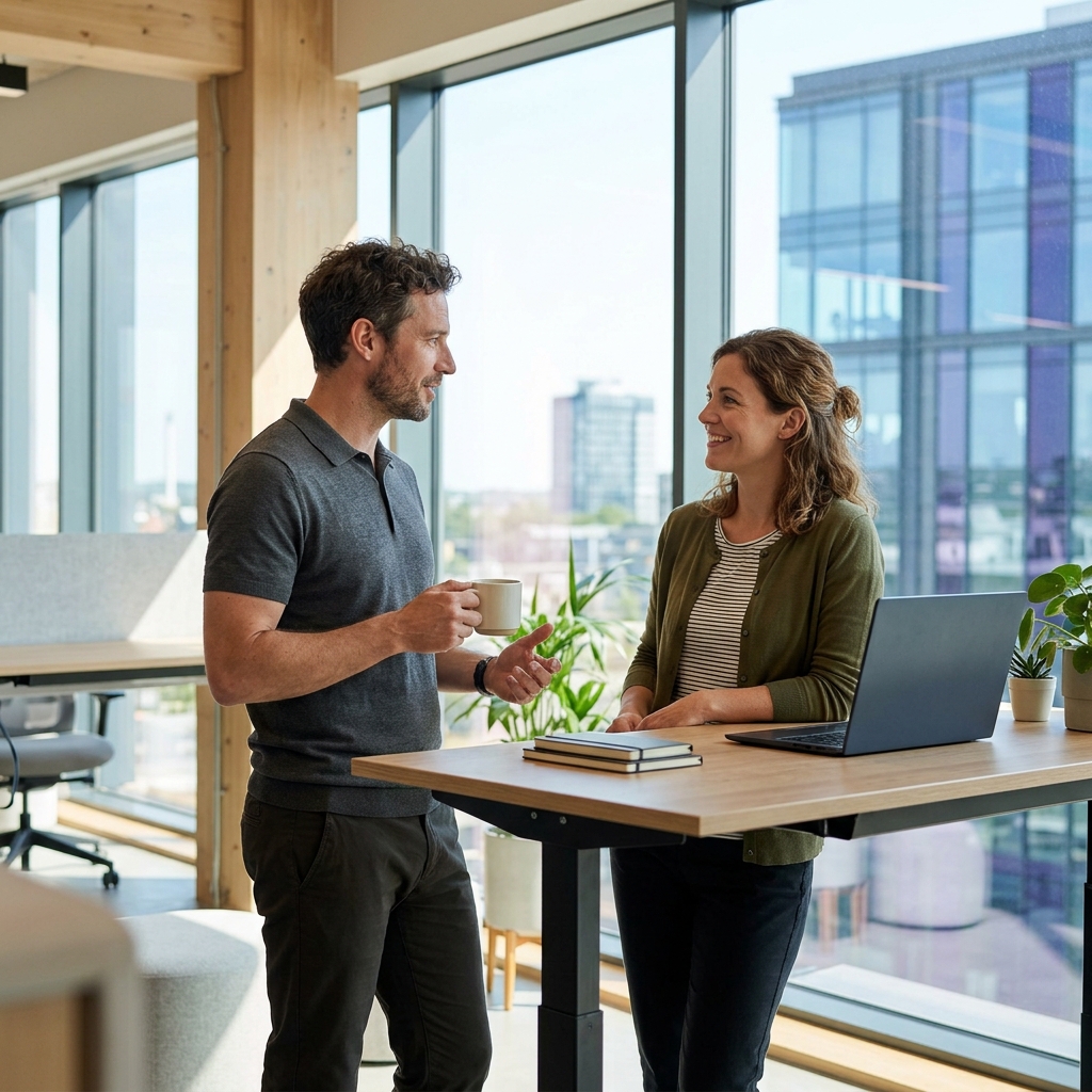 Founder and ops lead in relaxed workplace conversation