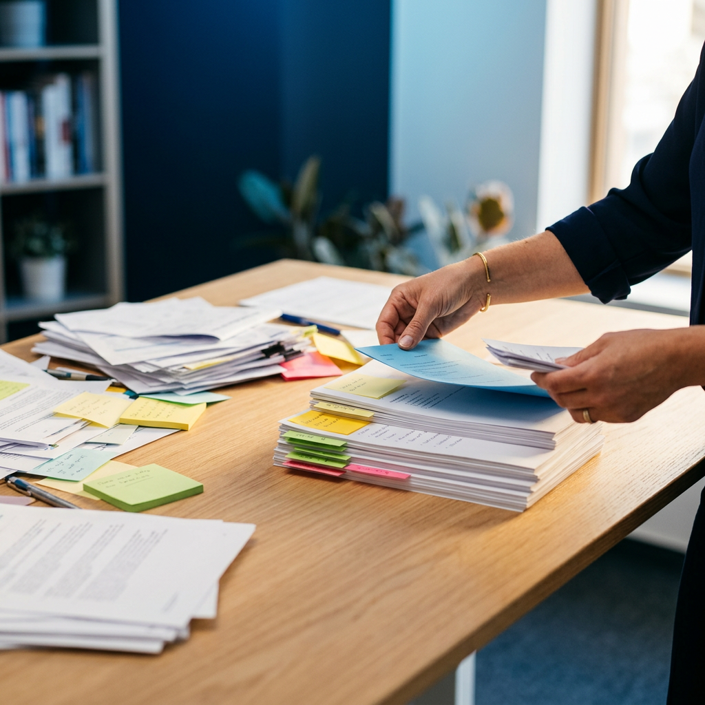 Hands organizing scattered documents into neat piles
