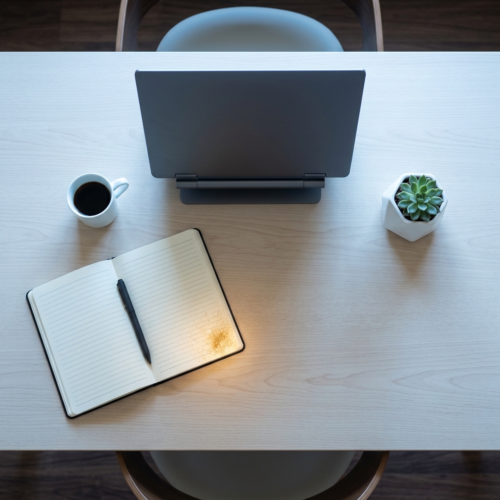 Clean organized desk workspace from above angle