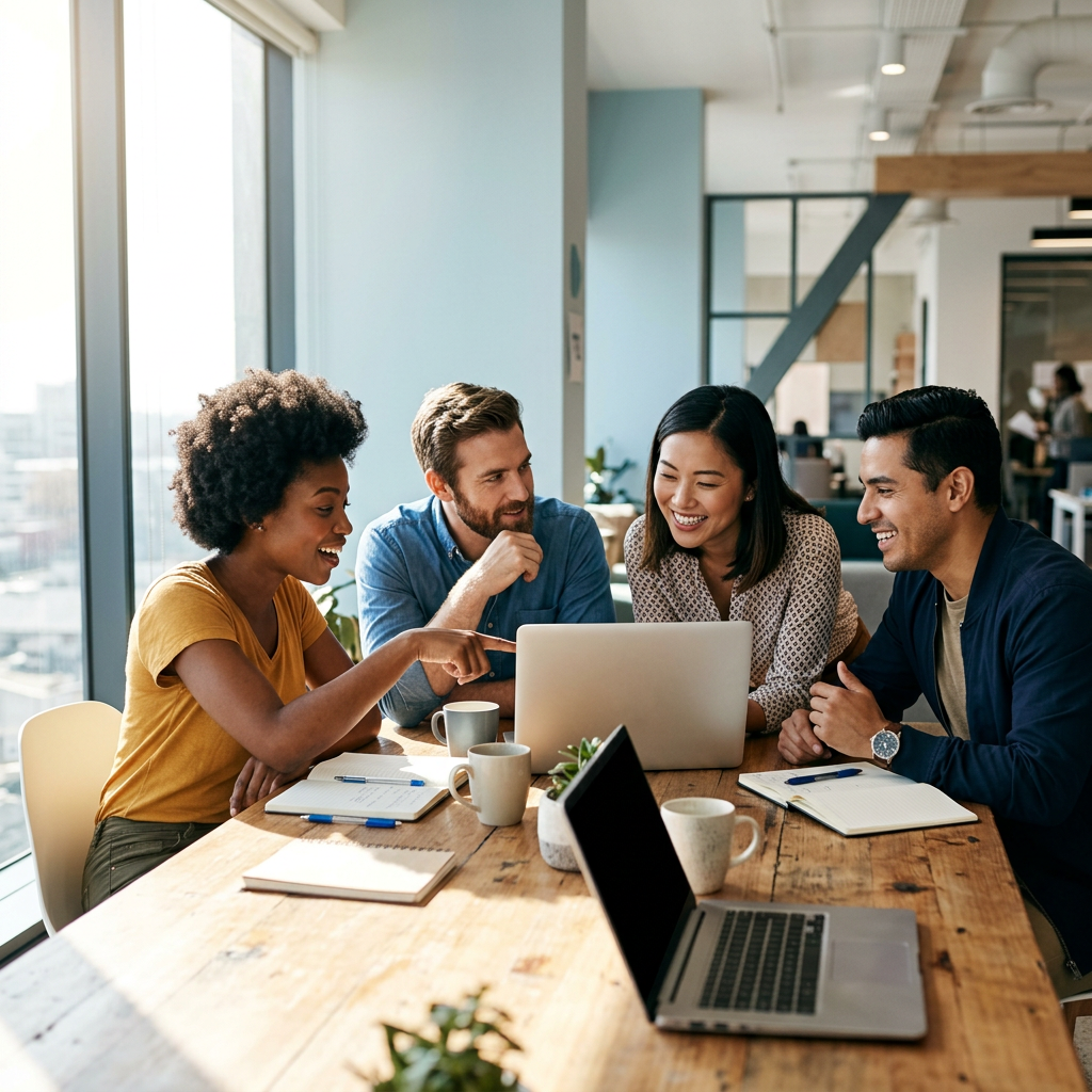 Small team collaborating around table in bright office