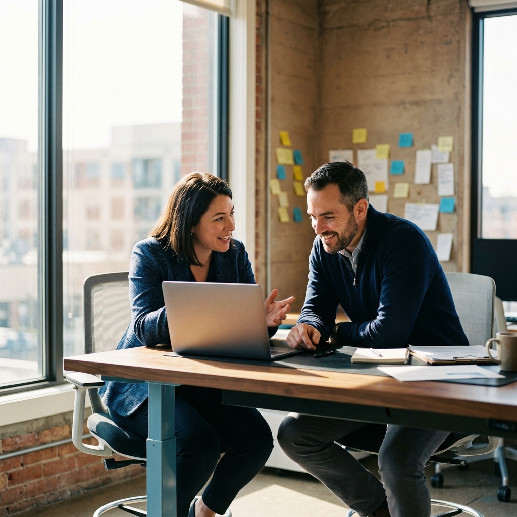 Founder and ops lead collaborating at modern desk with sunlight
