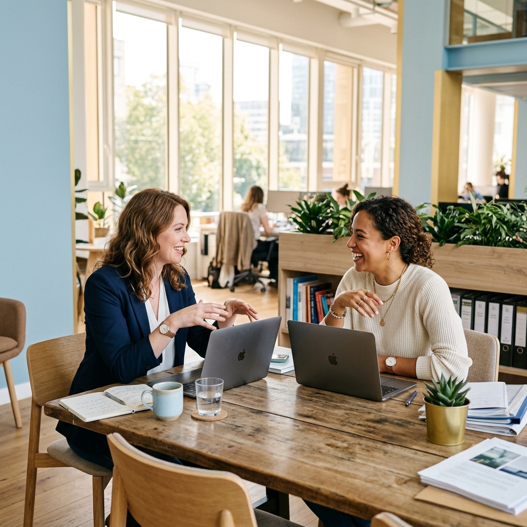Founder and ops lead discussing structure over coffee