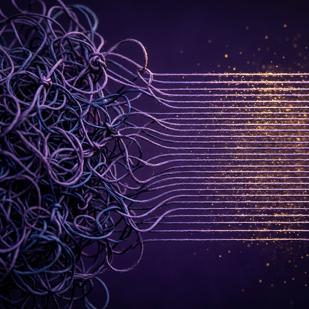 Tangled threads organizing into structured lines