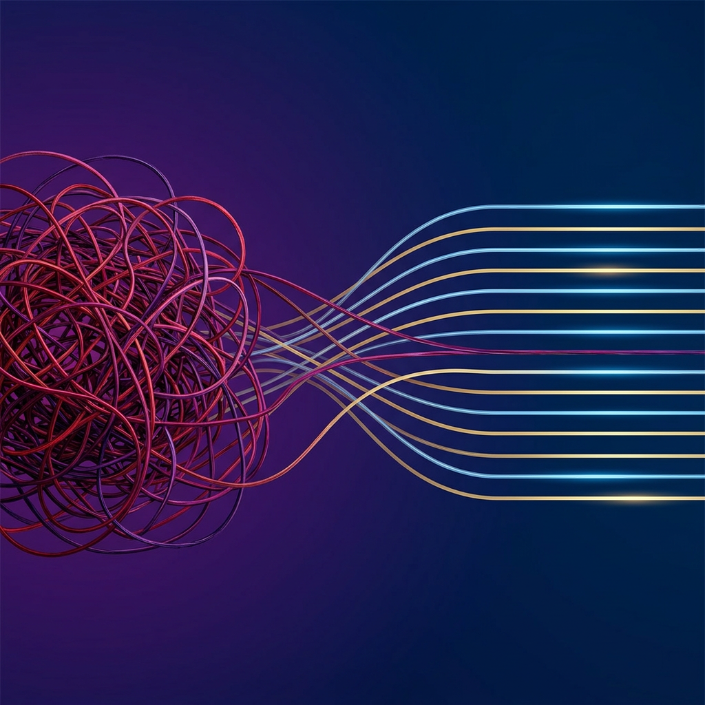 Tangled data transforming into organized clarity