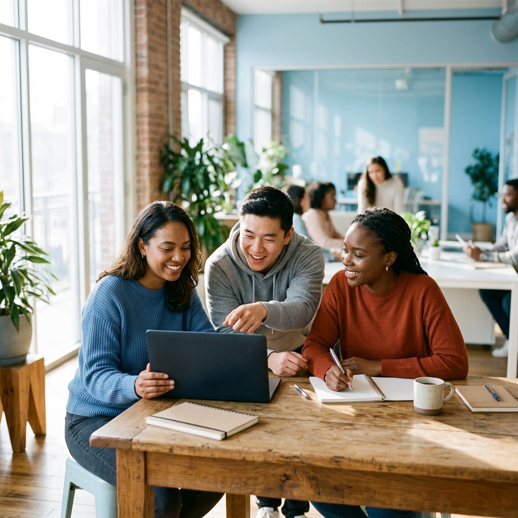 Small team collaborating around table with laptop