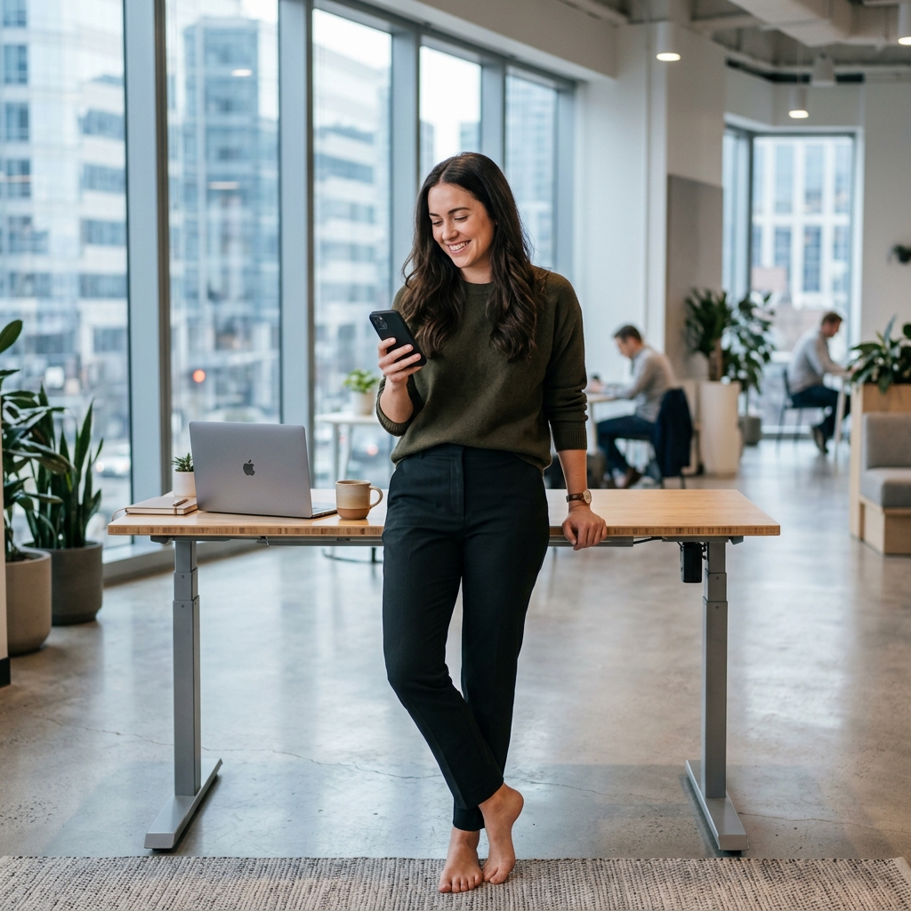Professional checking phone at modern standing desk