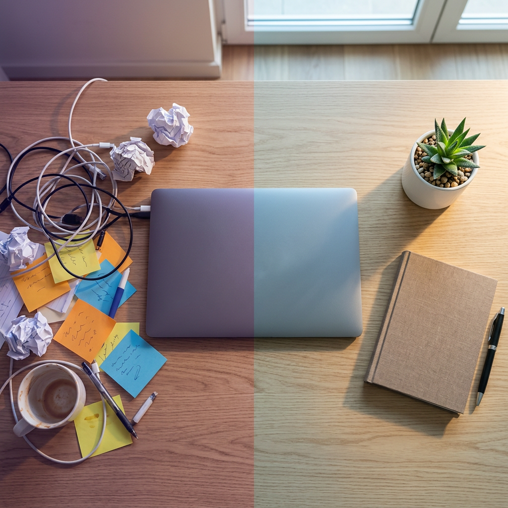 Messy desk transforming into organized workspace