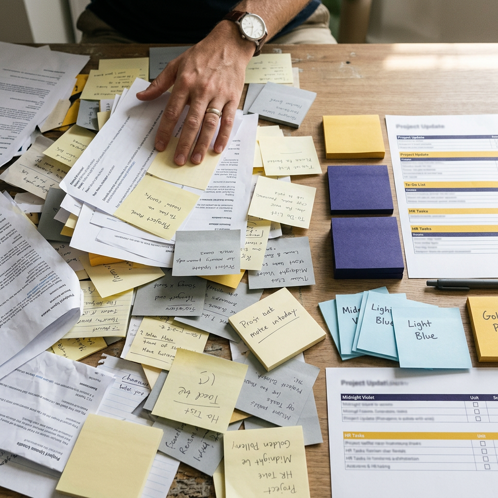 Messy desk transitioning to organized leave management system