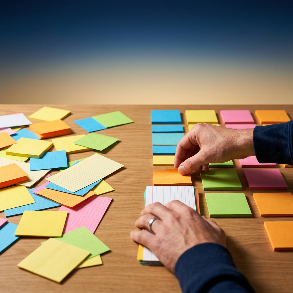 Hands organizing scattered information into order