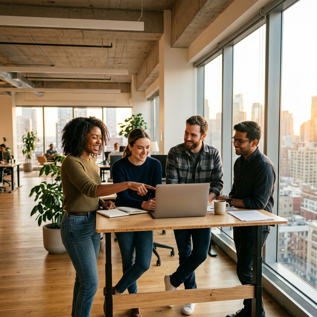 Four-person team engaged around standing desk workspace