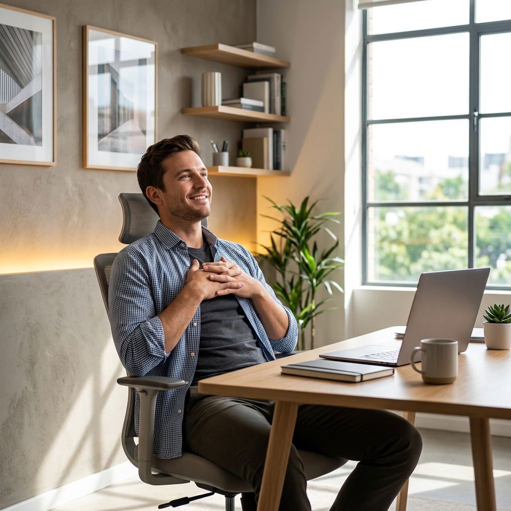 Person at desk with satisfied confident expression