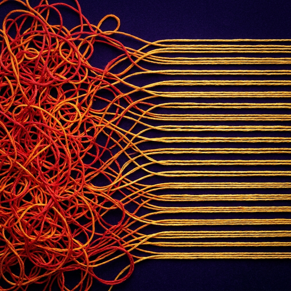 Tangled threads organizing into clarity