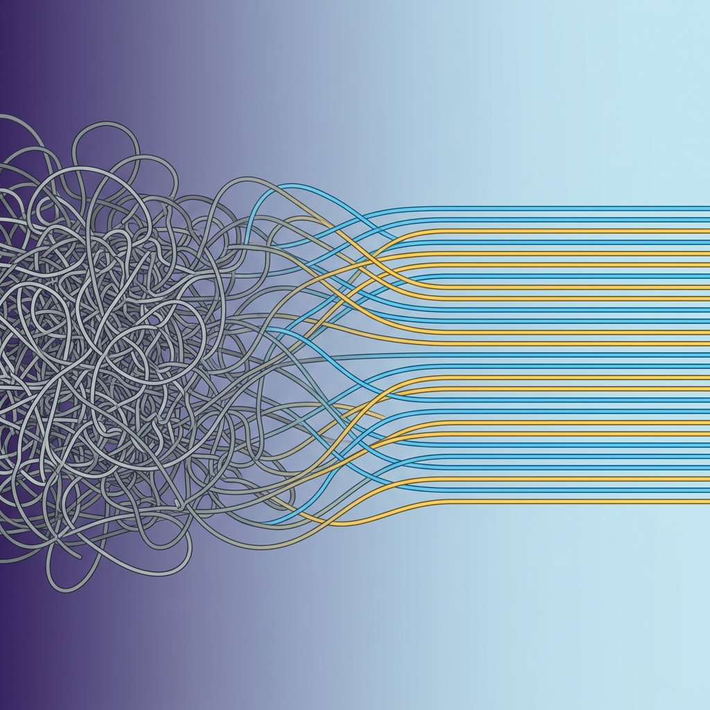 Tangled chaos transforming into organized clarity