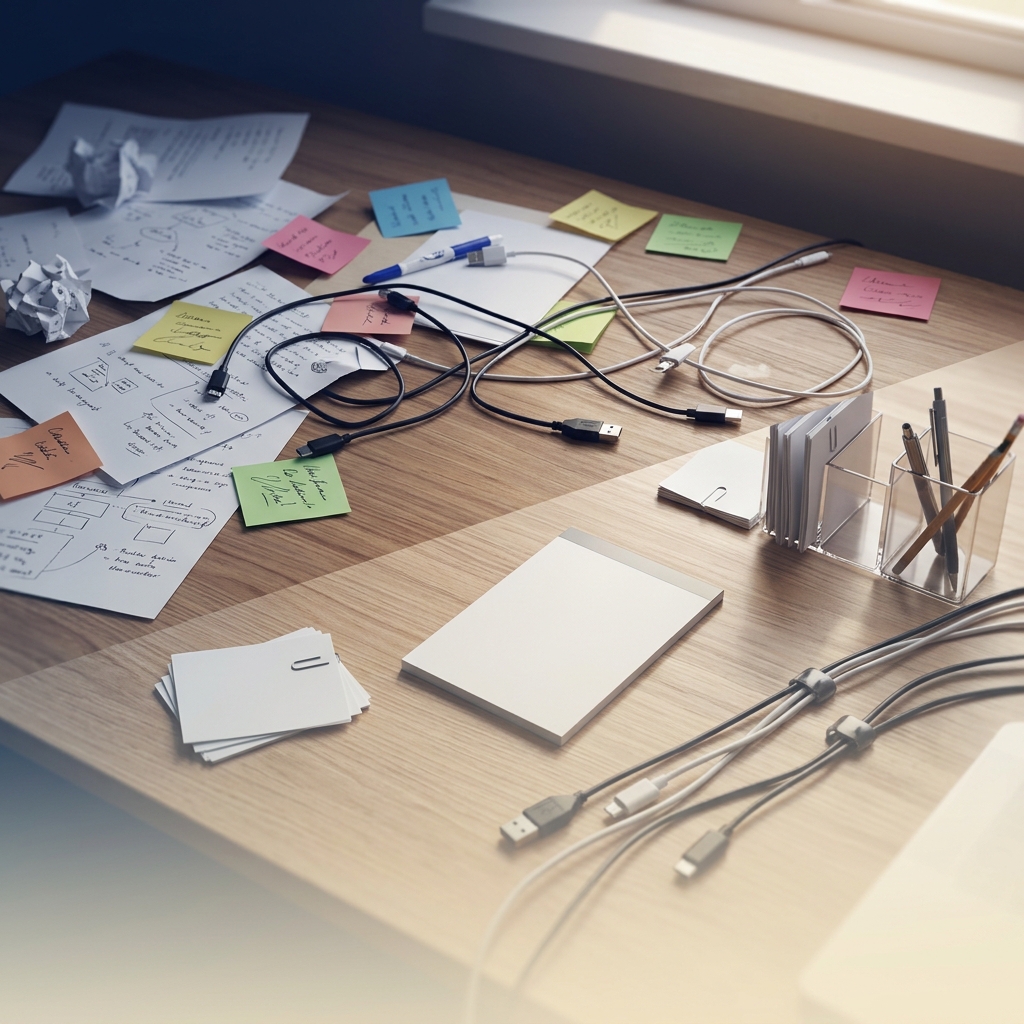 Desk transitioning from chaos to organized clarity