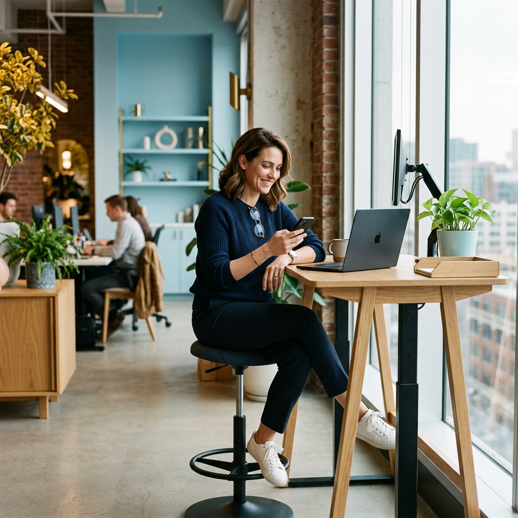 Founder at standing desk with calm focused energy