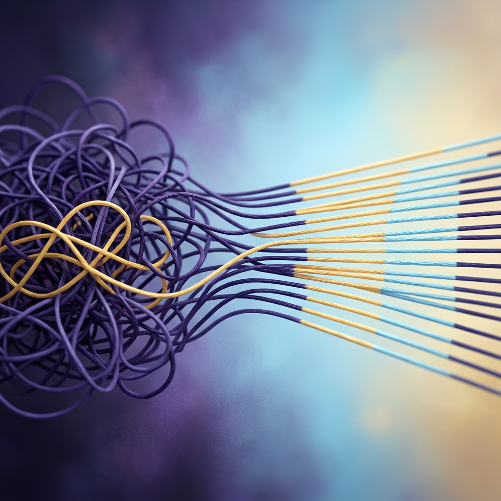 Tangled threads untangling into organized clarity