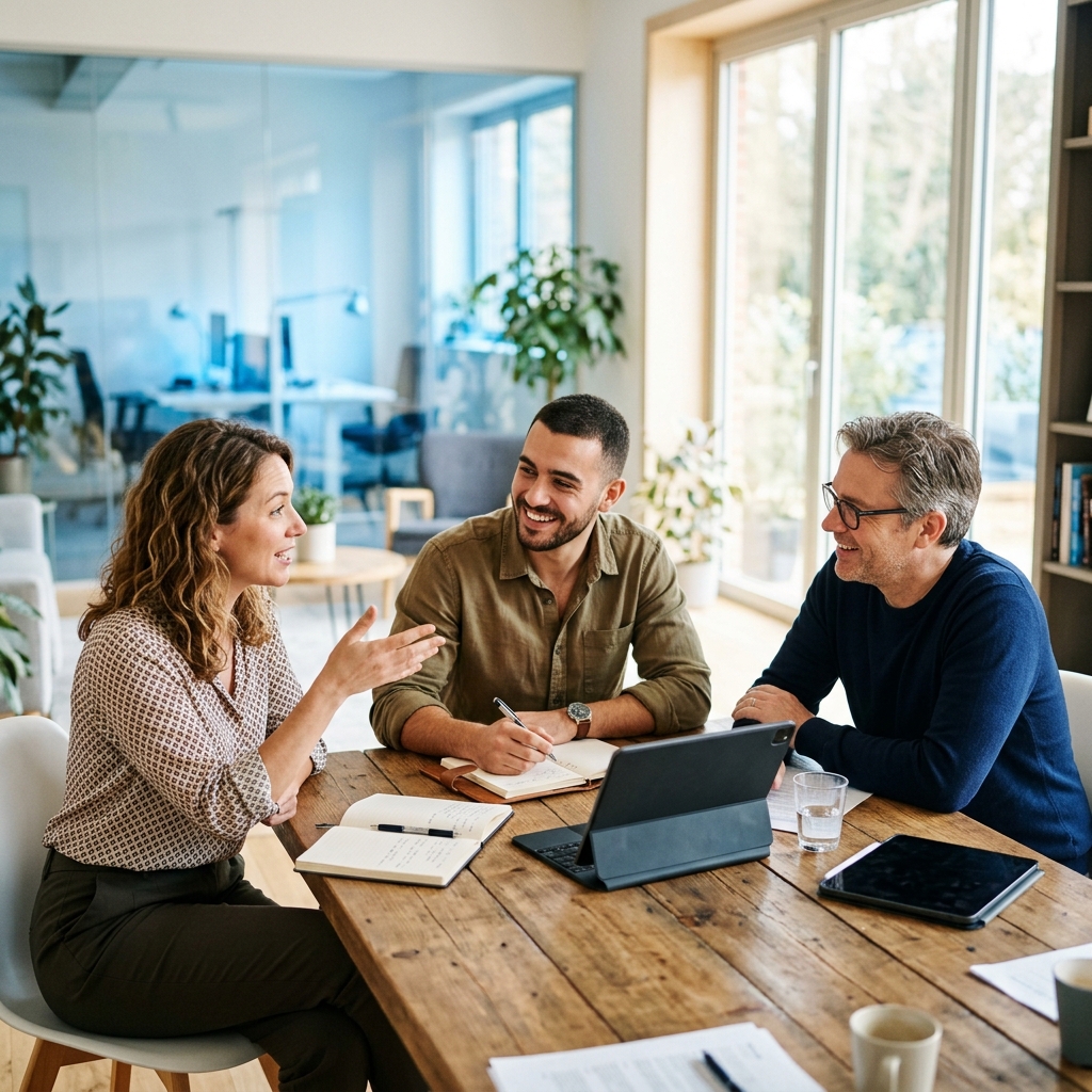 Diverse team collaborating around table in bright office