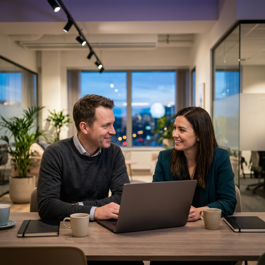 Operations lead and HR admin collaborating at desk