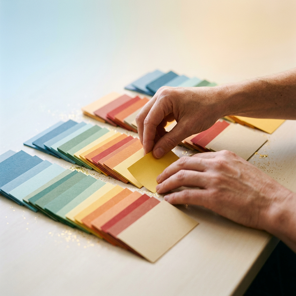 Hands organizing cards into neat structured rows