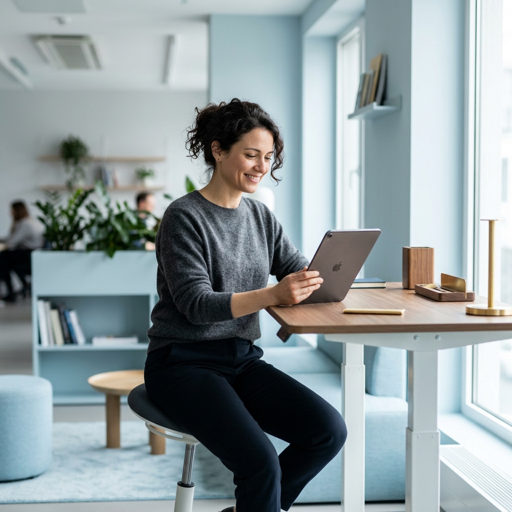 Founder with relaxed focus at standing desk