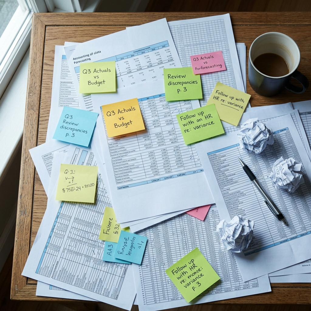Scattered spreadsheets and sticky notes on desk