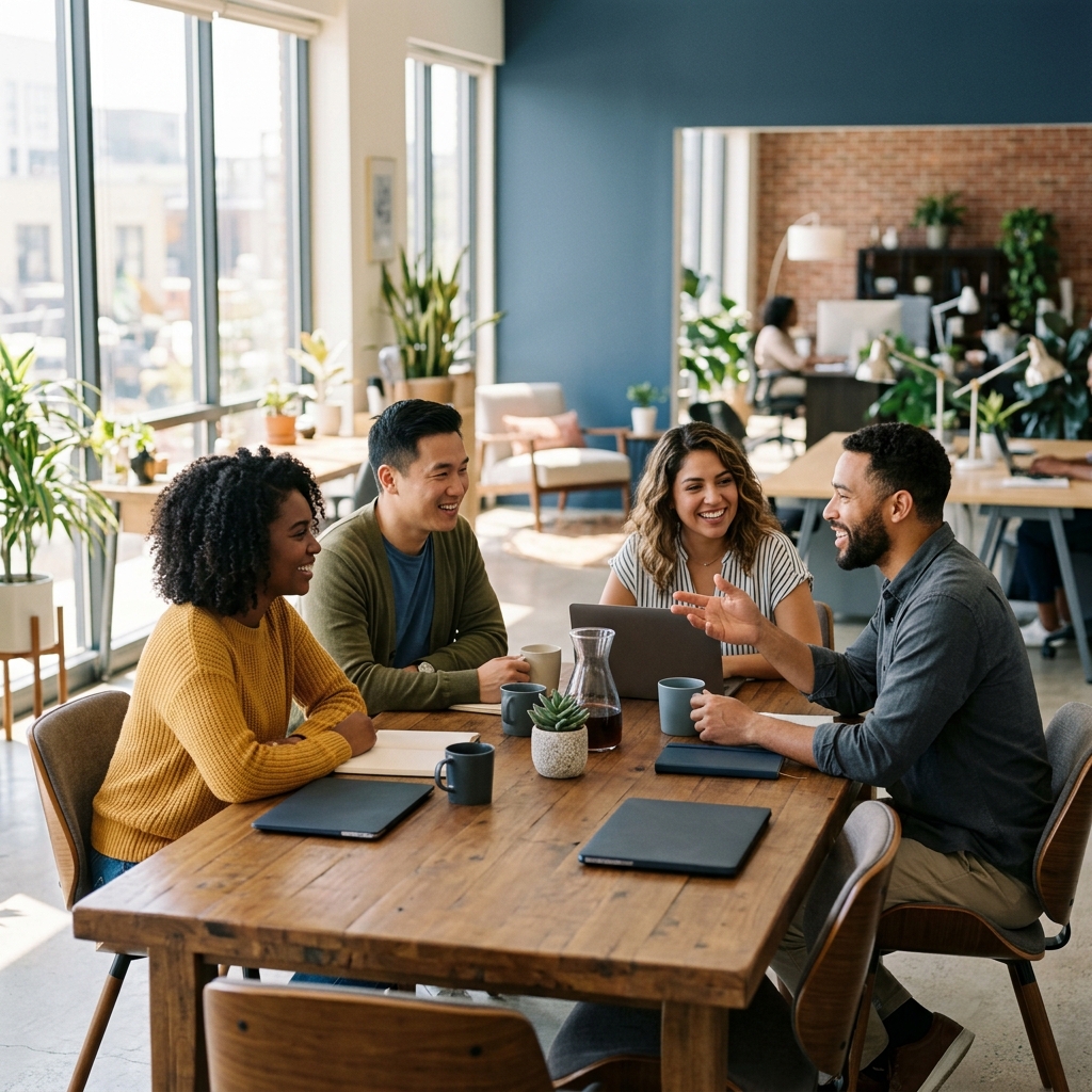 Team of four laughing together at table in office