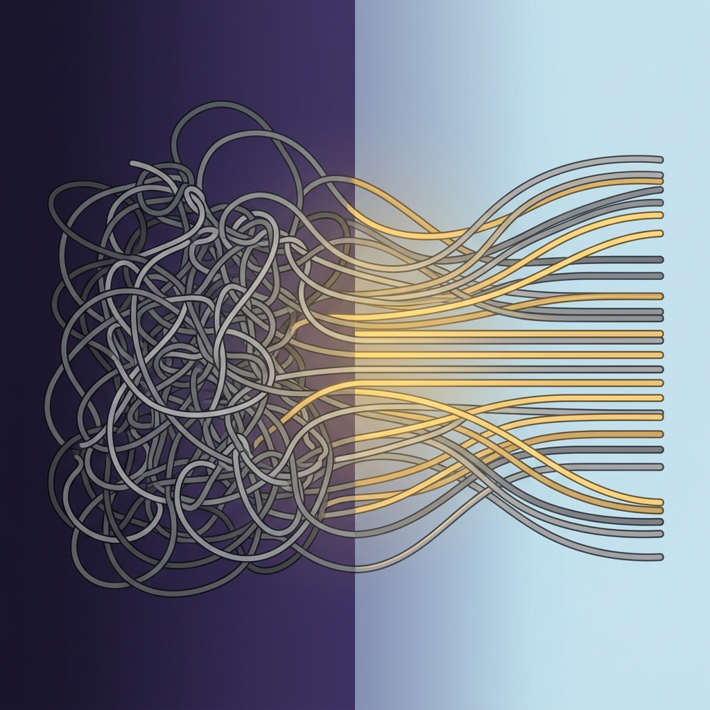 Tangled threads organizing into neat parallel lines