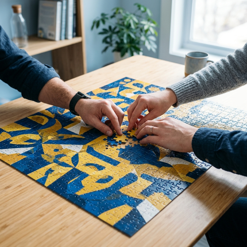 Two hands completing final puzzle pieces together