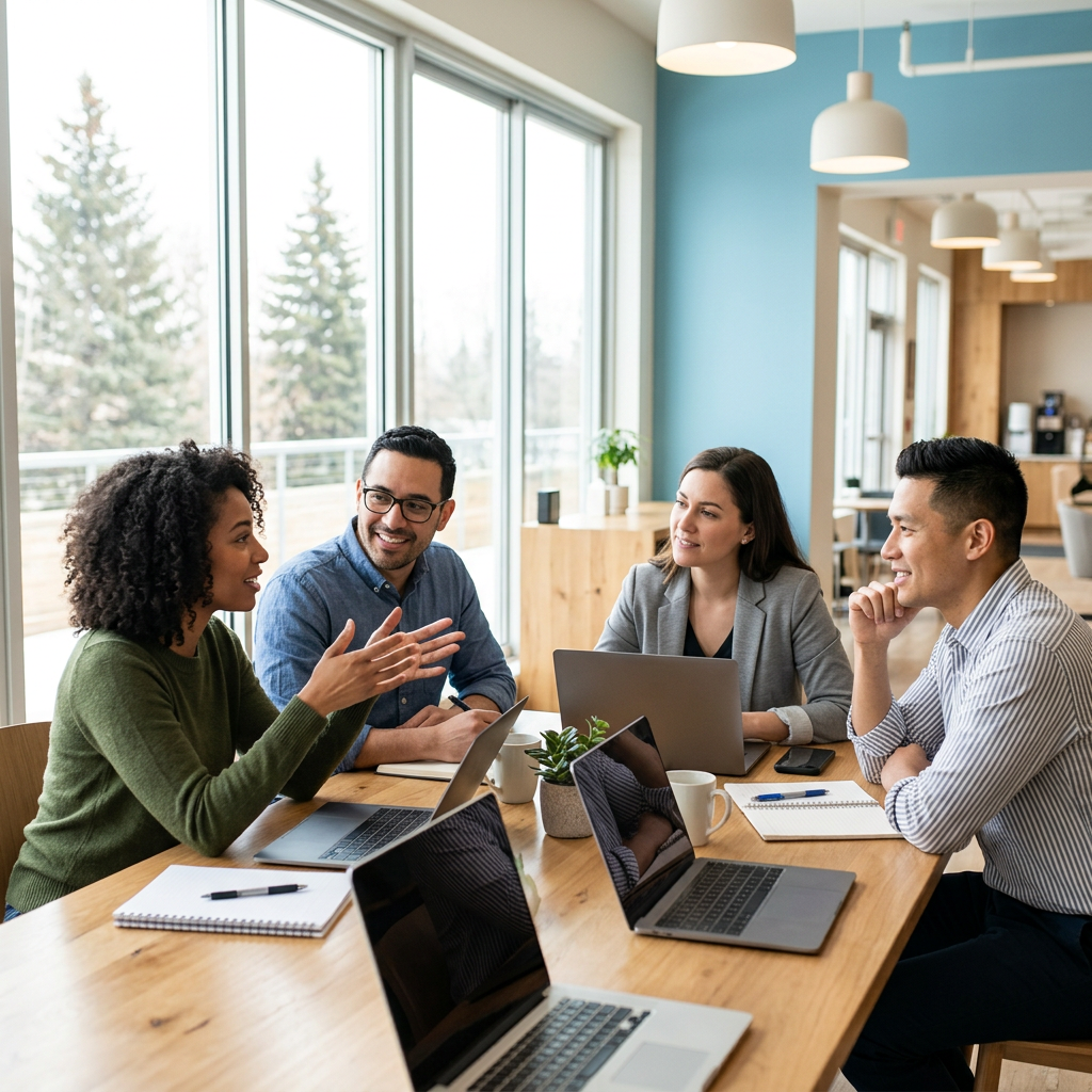 Small team collaborating around a table in bright office