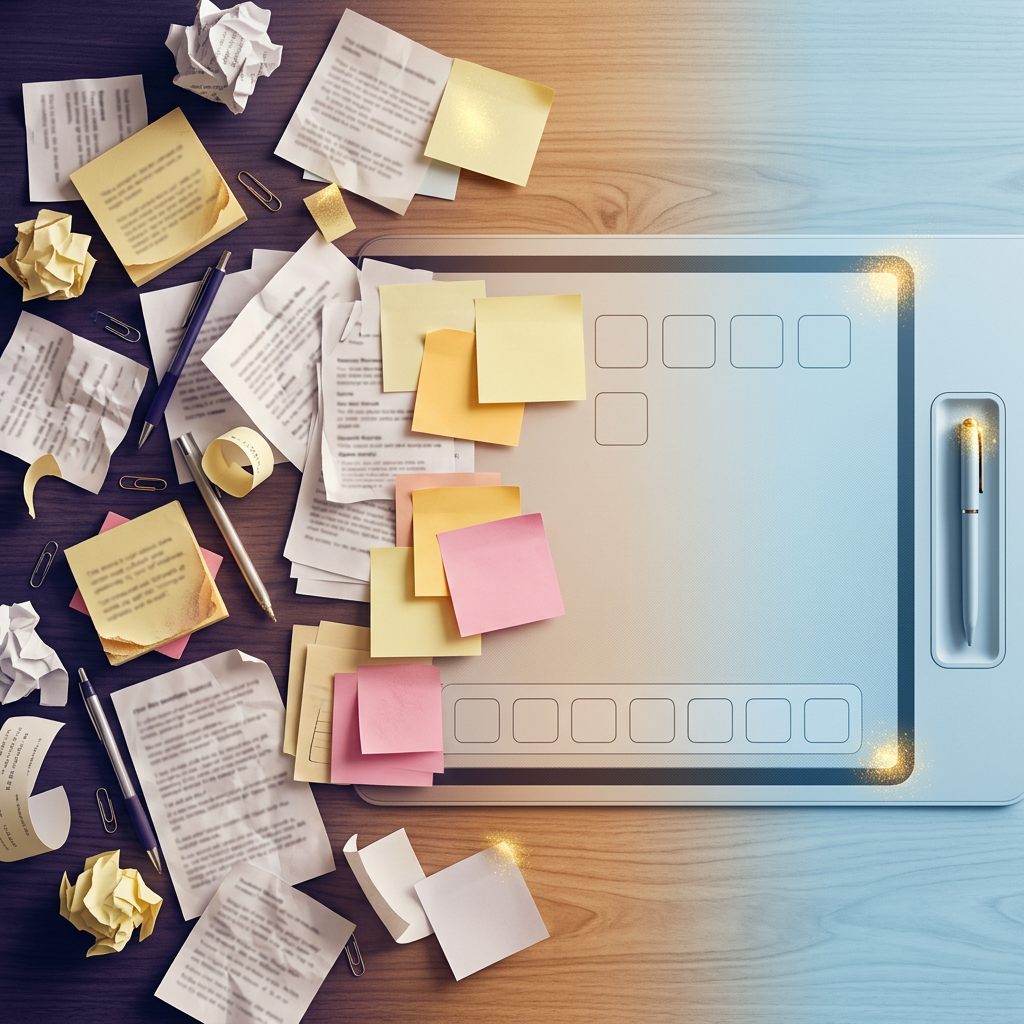 Messy papers transitioning to organized workspace overhead