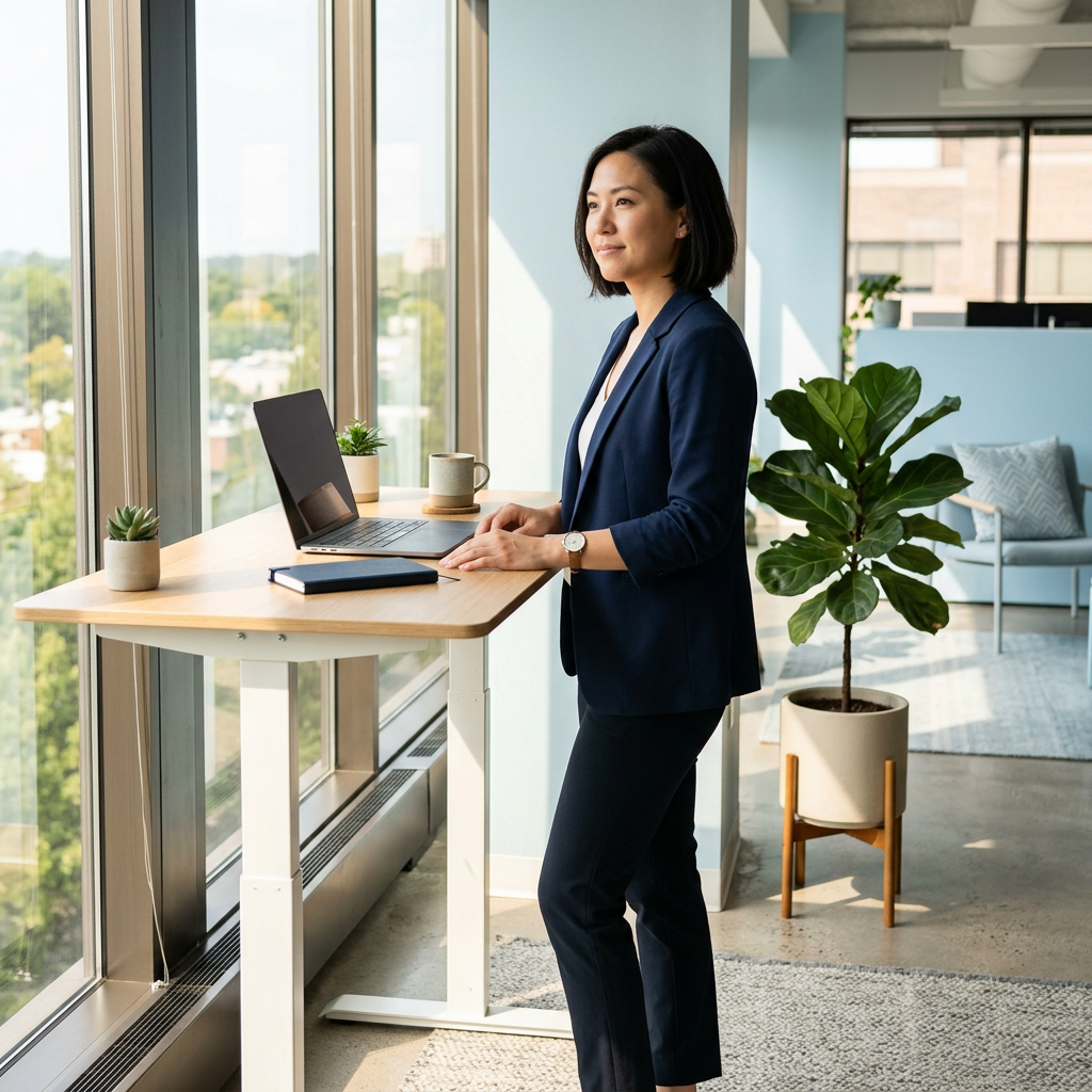Professional standing at sunlit desk with calm focus