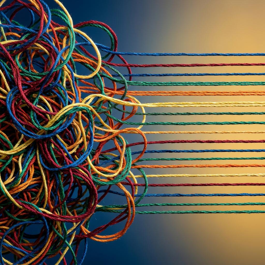 Tangled threads organizing into neat parallel lines
