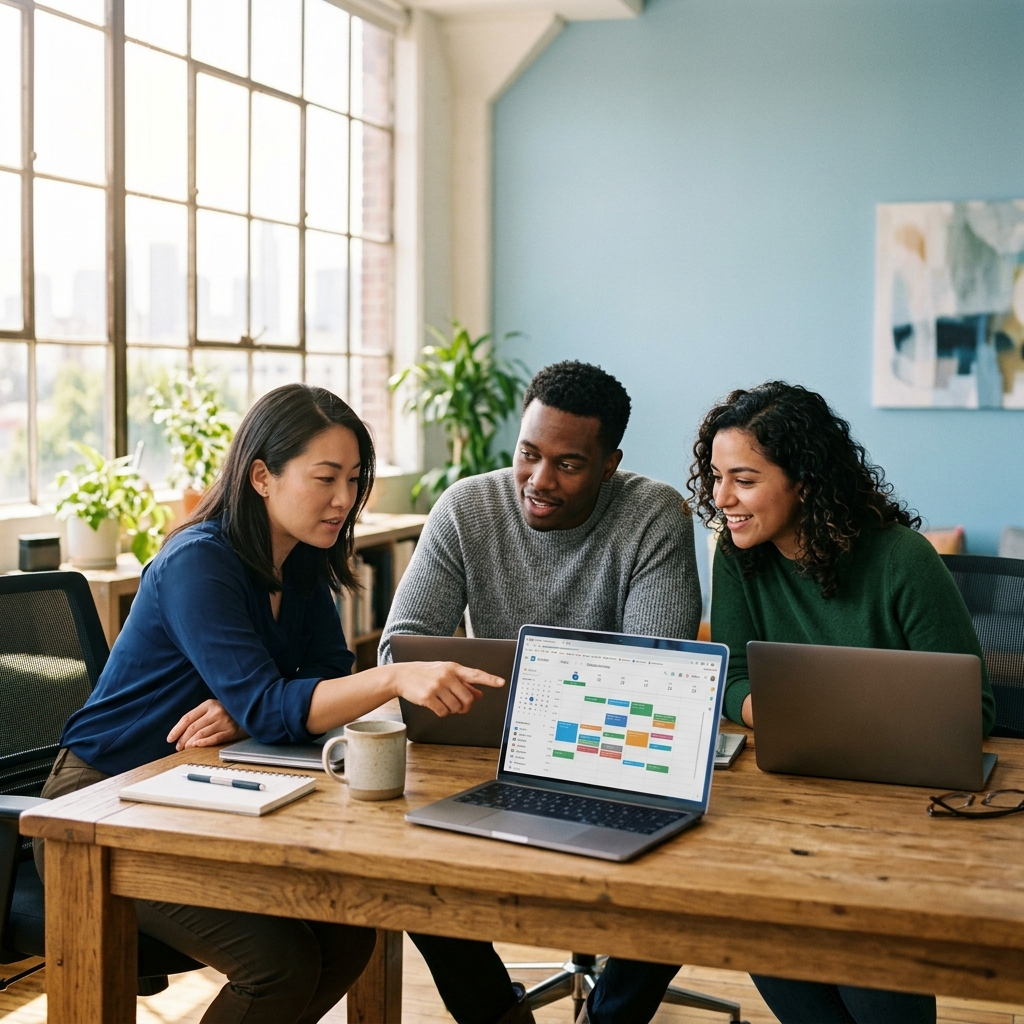 Team reviewing leave calendar together at table