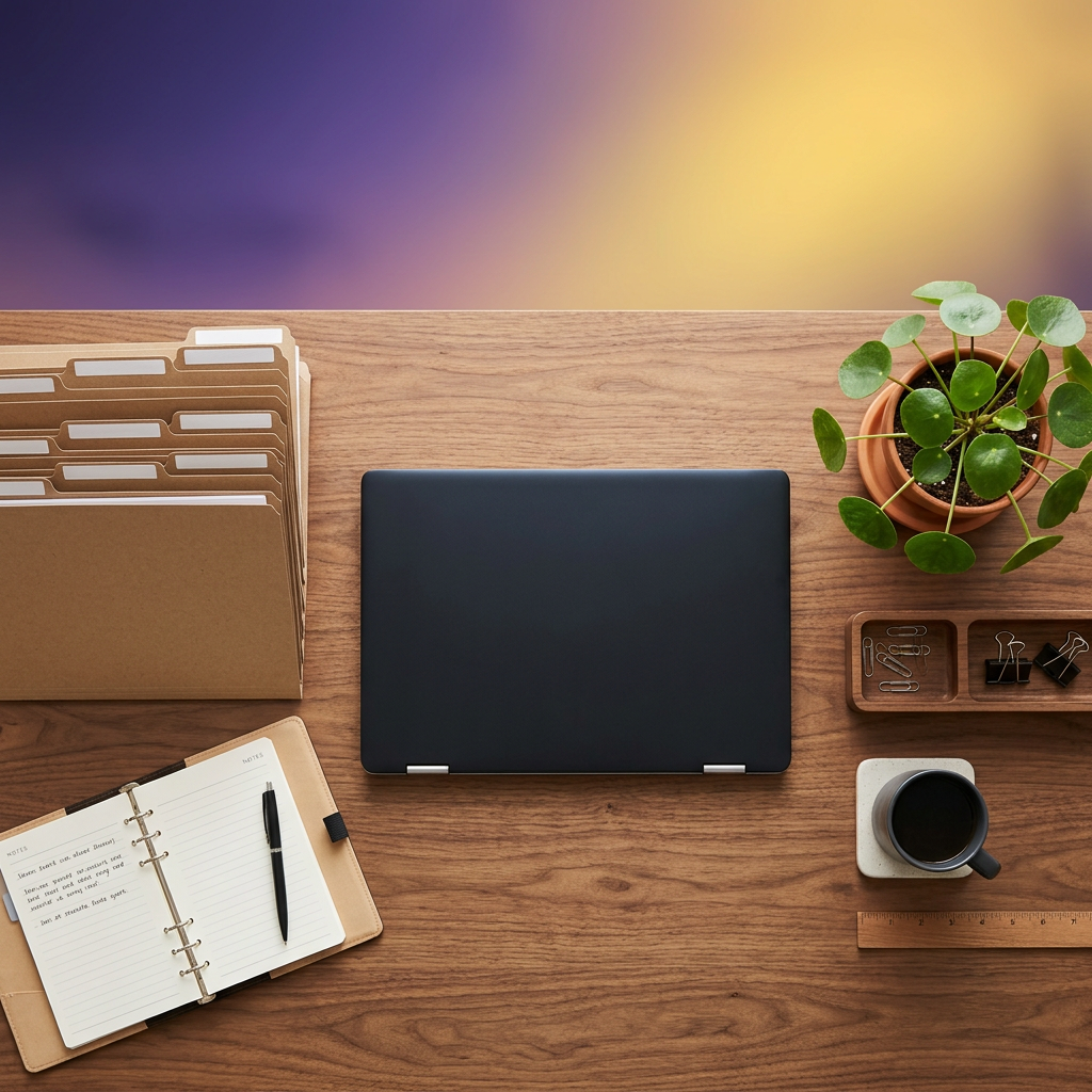 Organized workspace viewed from above with rear-facing laptop