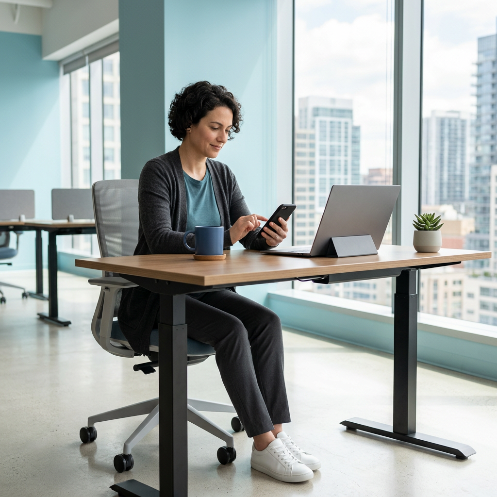 Professional casually checking phone at standing desk