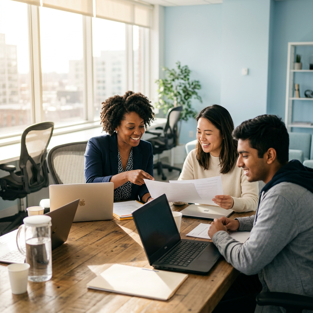 Small team collaborating around a table in bright office