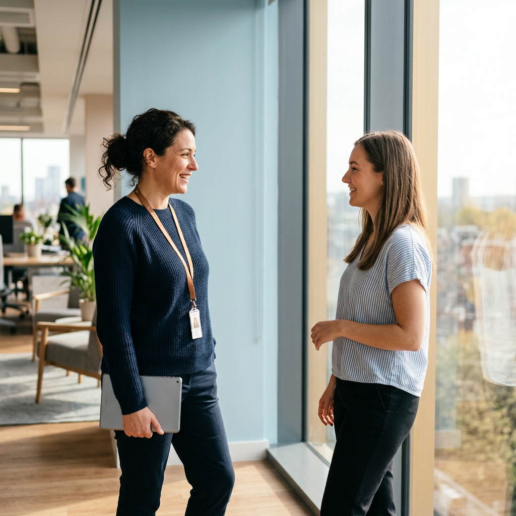 HR admin and employee having friendly conversation by window