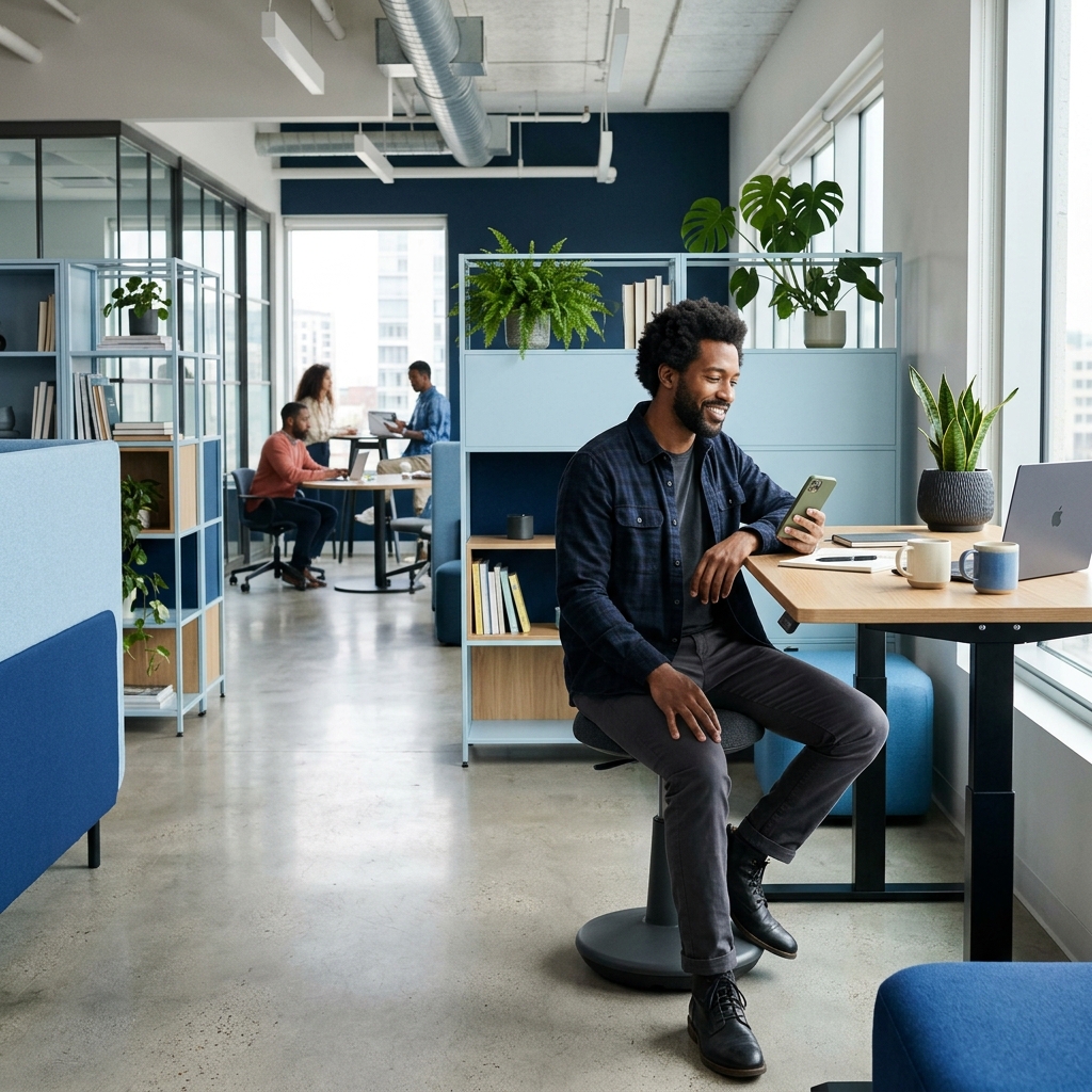 Founder at standing desk reviewing information casually