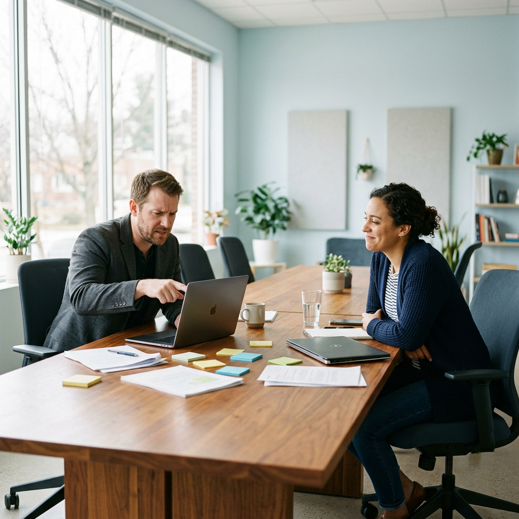 Founder and ops lead discussing spreadsheet frustrations at desk