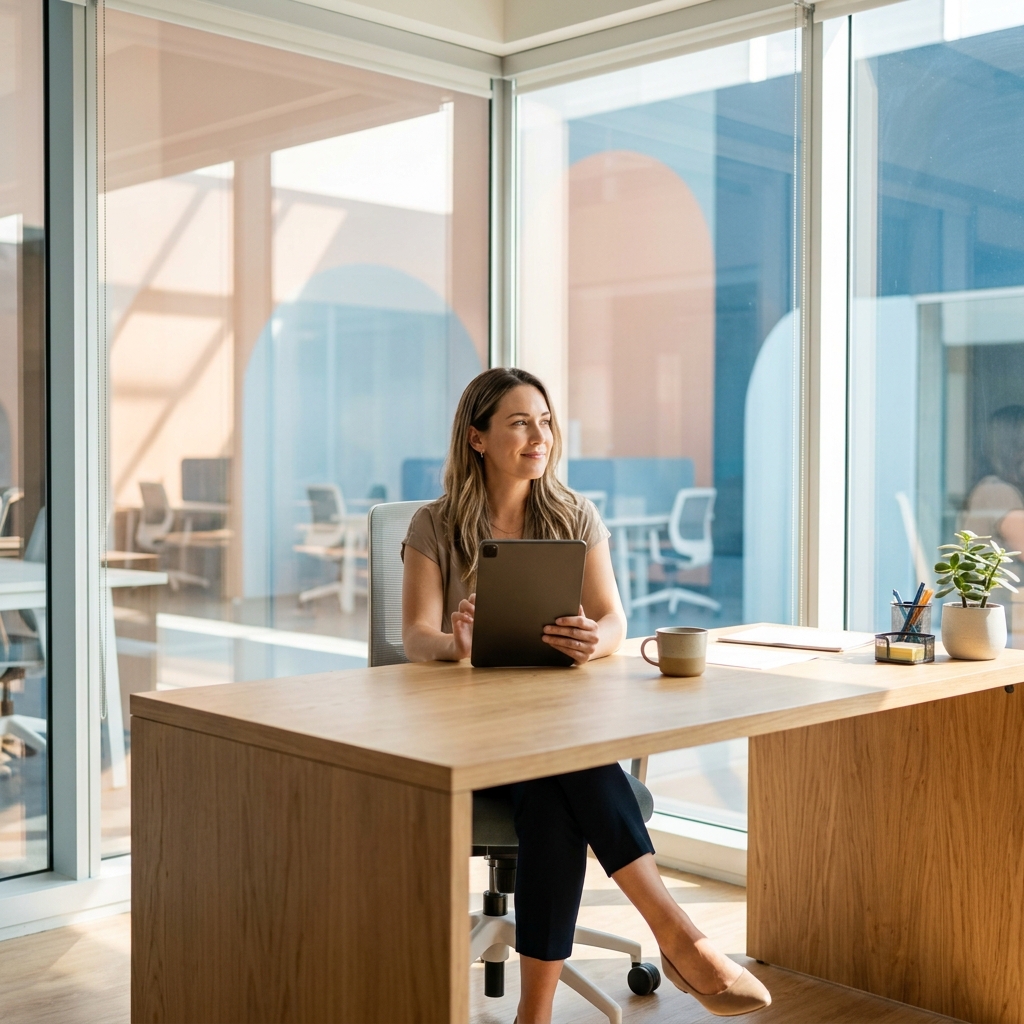Founder reviewing information on tablet in sunlit modern office