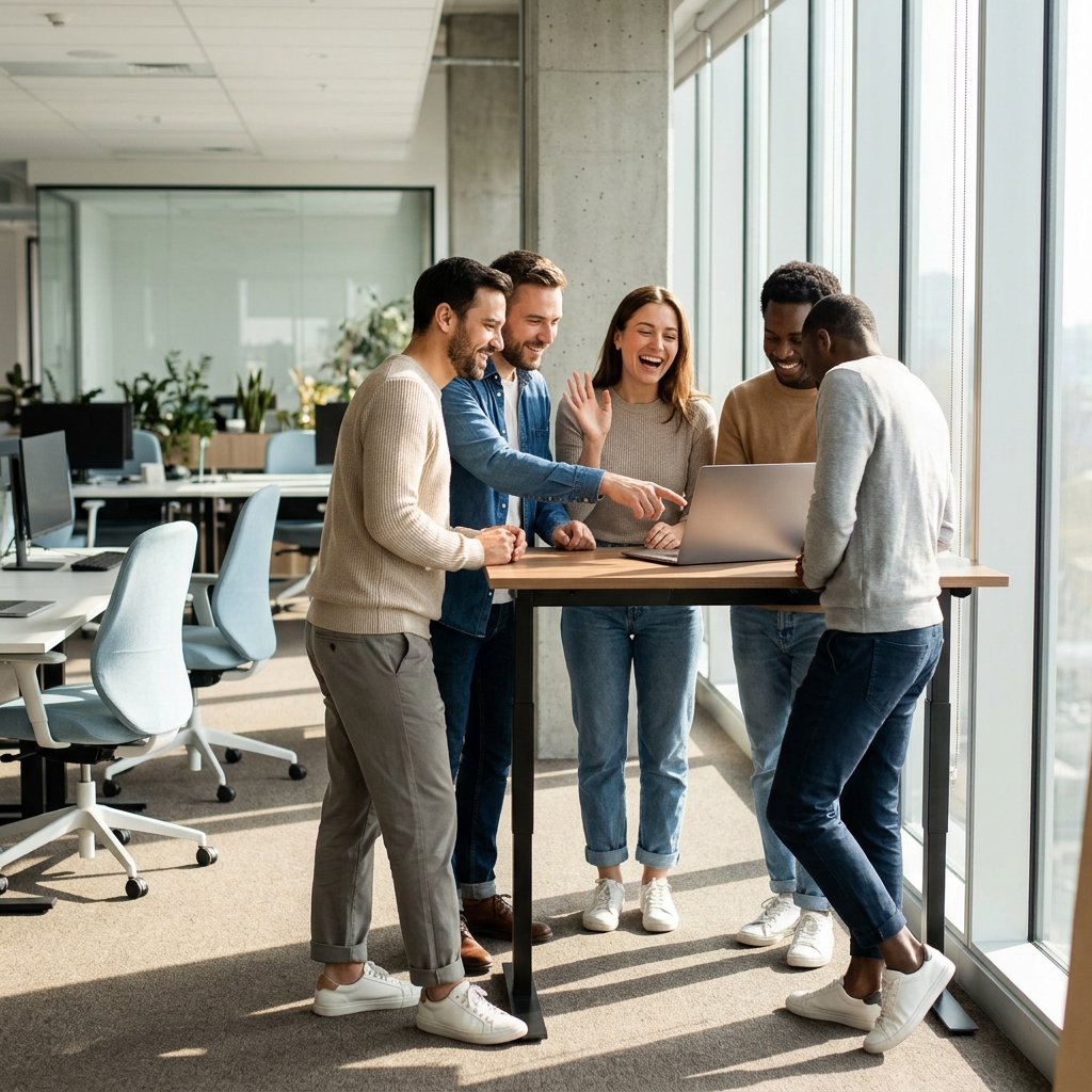 Team of four gathered around standing desk in bright office