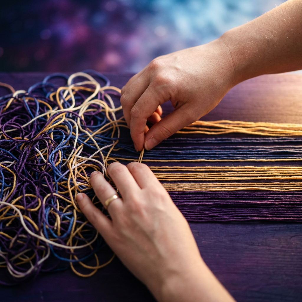 Tangled threads being organized into neat parallel lines